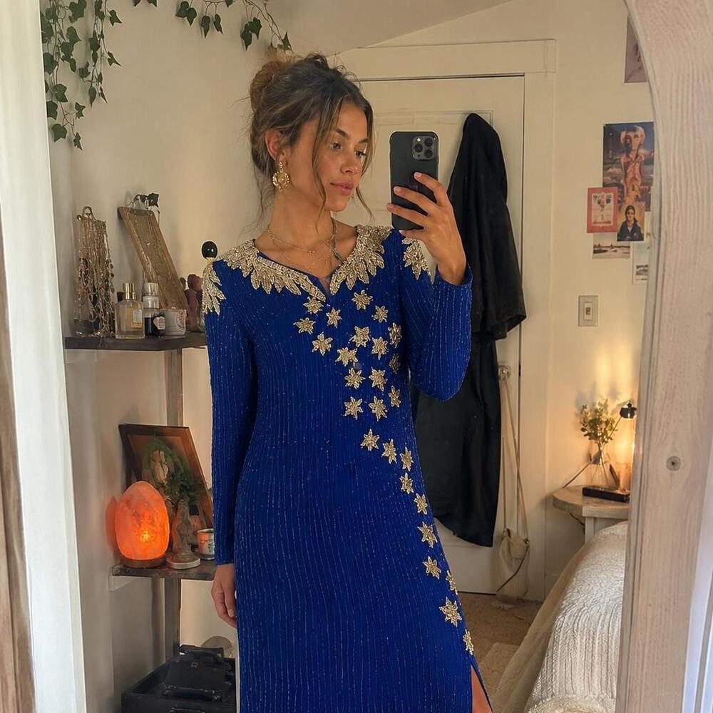 Vintage Globus 100% Silk Beaded Evening Gown Royal Blue Size M